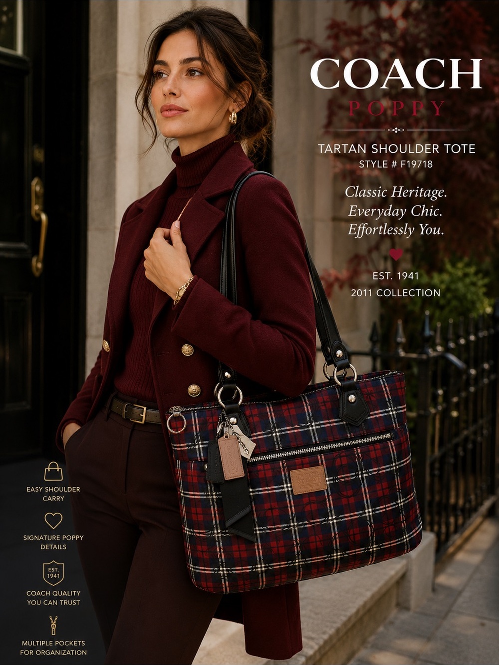 Coach Poppy Y2K 18713 Signature Sateen Tartan Glam Tote Red, Black White - Picture 2 of 16